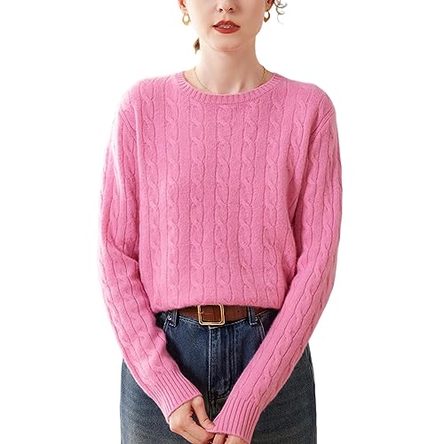 DISSA Damen Kaschmir Pullover Rosa Rundhals Langarm Strickpullover Damen Kaschmir Wolle Zopfmuster Relaxed Dünner Pullover,38,SPR2319 von DISSA