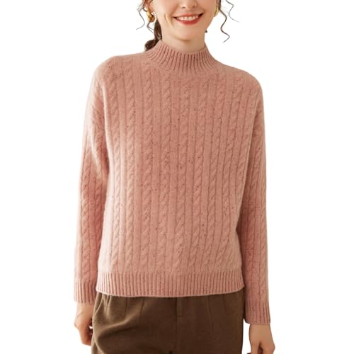 DISSA Damen Kaschmir Pullover Rosa Stehkragen Langarm Strickpullover Damen Kaschmir Wolle Zopfmuster Relaxed Dicker Pullover,EU 44,DF8096 von DISSA
