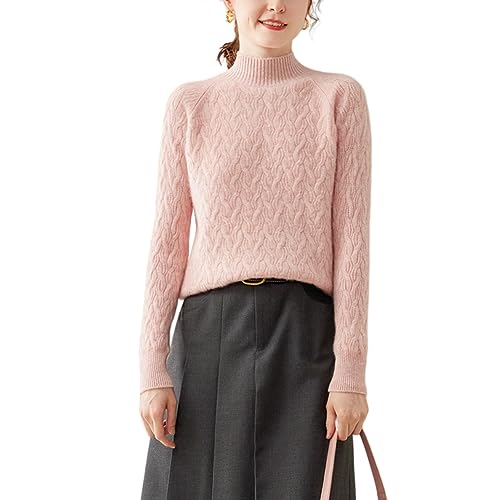 DISSA Damen Kaschmir Pullover Rosa Stehkragen Langarm Strickpullover Damen Kaschmir Wolle Zopfmuster Schlanker Dicker Pullover,36,SH379 von DISSA