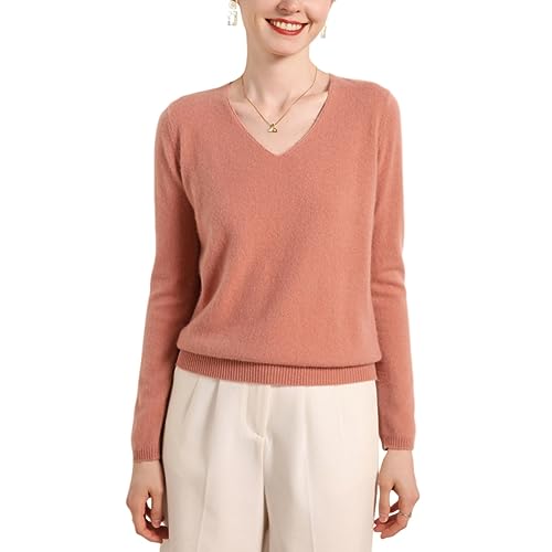 DISSA Damen Kaschmir Pullover Rosa V-Ausschnitt Langarm Strickpullover Damen Kaschmir Wolle Einfarbige Relaxed Dünner Pullover,42,MZ2010 von DISSA