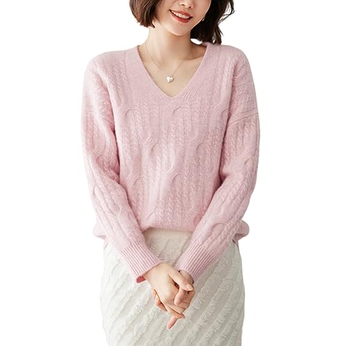 DISSA Damen Kaschmir Pullover Rosa V-Ausschnitt Langarm Strickpullover Damen Kaschmir Wolle Zopfmuster Relaxed Dicker Pullover,40,YD2318 von DISSA