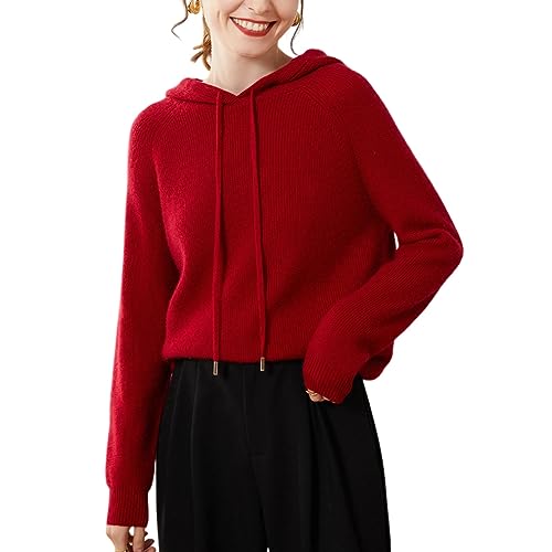 DISSA Damen Kaschmir Pullover Rot Kapuzen Langarm Strickpullover Damen Kaschmir Wolle Einfarbige Relaxed Dicker Pullover,38,SPR1210 von DISSA
