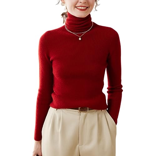 DISSA Damen Kaschmir Pullover Rot Rollkragen Langarm Strickpullover Damen Kaschmir Wolle Einfarbige Schlanker Dünner Pullover,34,SPR2263 von DISSA