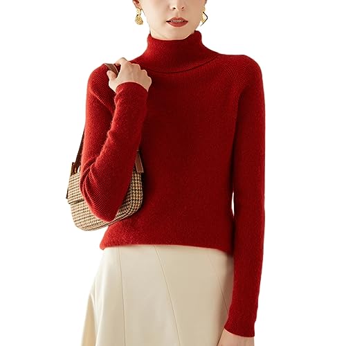 DISSA Damen Kaschmir Pullover Rot Rollkragen Langarm Strickpullover Damen Kaschmir Wolle Einfarbige Schlanker Dünner Pullover,36,SH314 von DISSA