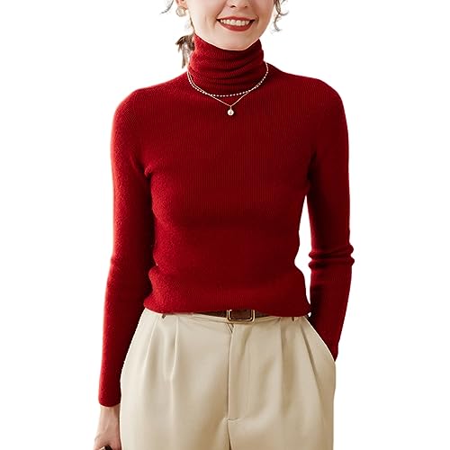 DISSA Damen Kaschmir Pullover Rot Rollkragen Langarm Strickpullover Damen Kaschmir Wolle Einfarbige Schlanker Dünner Pullover,40,SPR2263 von DISSA