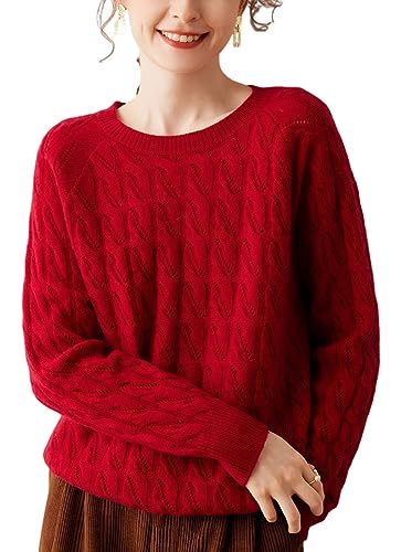 DISSA Damen Kaschmir Pullover Rot Rundhals Langarm Strickpullover Damen Kaschmir Wolle Ausschnitten Relaxed Dicker Pullover,40,DF8039 von DISSA