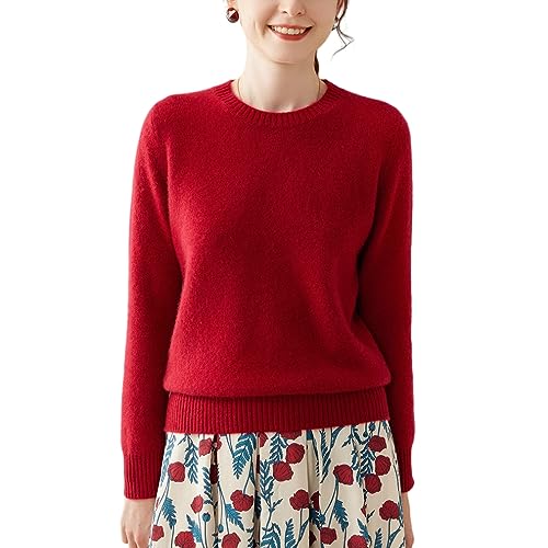 DISSA Damen Kaschmir Pullover Rot Rundhals Langarm Strickpullover Damen Kaschmir Wolle Einfarbige Relaxed Dicker Pullover,42,SH364 von DISSA