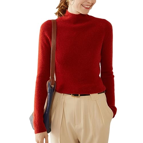 DISSA Damen Kaschmir Pullover Rot Stehkragen Langarm Strickpullover Damen Kaschmir Wolle Einfarbige Schlanker Dünner Pullover,34,SH313 von DISSA