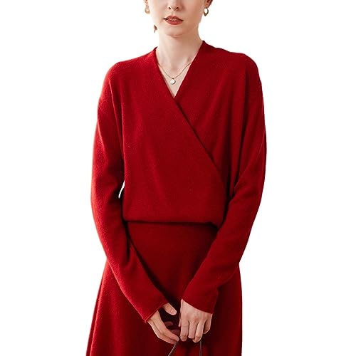 DISSA Damen Kaschmir Pullover Rot V-Ausschnitt Langarm Strickpullover Damen Kaschmir Wolle Einfarbige Relaxed Dünner Pullover,42,SPR2357 von DISSA