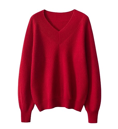 DISSA Damen Kaschmir Pullover Rot V-Ausschnitt Langarm Strickpullover Damen Kaschmir Wolle Gestreifter Relaxed Dünner Pullover,42,ZSBR8303 von DISSA