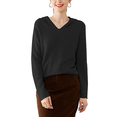 DISSA Damen Kaschmir Pullover Schwarz Kapuzen Langarm Strickpullover Damen Kaschmir Wolle Einfarbige Relaxed Dünner Pullover,44,RMS3332 von DISSA