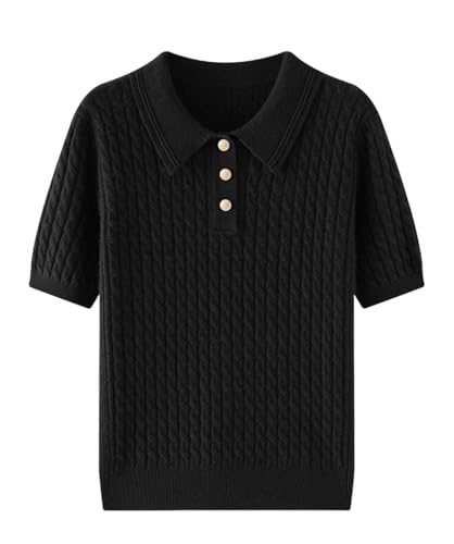 DISSA Damen Kaschmir Pullover Schwarz Revers Kurzarm Strickpullover Damen Kaschmir Wolle Zopfmuster Schlanker Dicker Pullover,EU 38,MZ2408 von DISSA