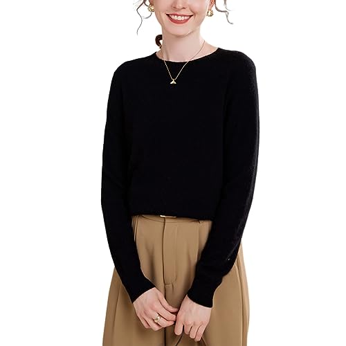DISSA Damen Kaschmir Pullover Schwarz Rundhals Langarm Strickpullover Damen Kaschmir Wolle Einfarbige Relaxed Dünner Pullover,34,YZL2302 von DISSA