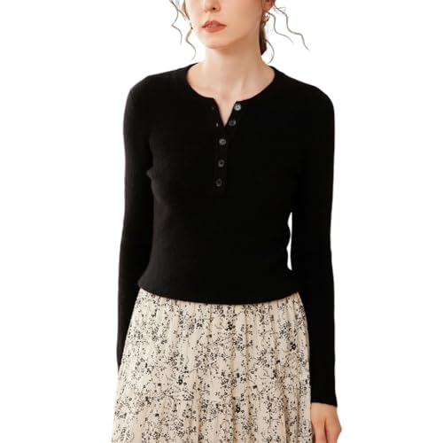 DISSA Damen Kaschmir Pullover Schwarz Rundhals Langarm Strickpullover Damen Kaschmir Wolle Knöpfen Schlanker Dünner Pullover,EU 40,SPR2440 von DISSA