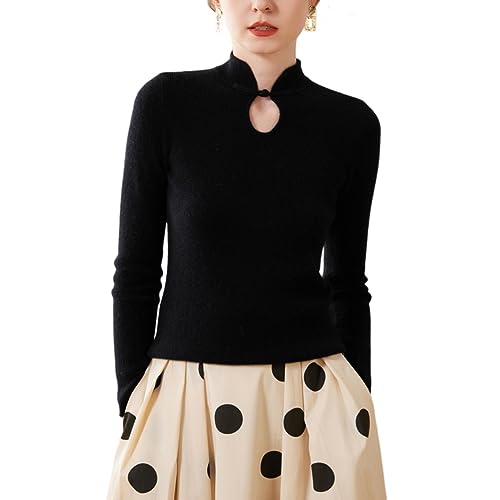 DISSA Damen Kaschmir Pullover Schwarz Stehkragen Langarm Strickpullover Damen Kaschmir Wolle Einfarbige Schlanker Dünner Pullover,34,SPR2324 von DISSA