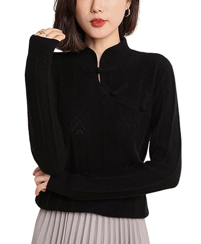 DISSA Damen Kaschmir Pullover Schwarz Stehkragen Langarm Strickpullover Damen Kaschmir Wolle Gestreifter Schlanker Dünner Pullover,42,DF8042 von DISSA