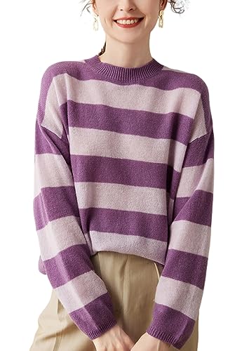 DISSA Damen Kaschmir Pullover Violett Rundhals Langarm Strickpullover Damen Kaschmir Wolle Gestreifter Relaxed Dünner Pullover,Einheitsgröße,DF8037 von DISSA