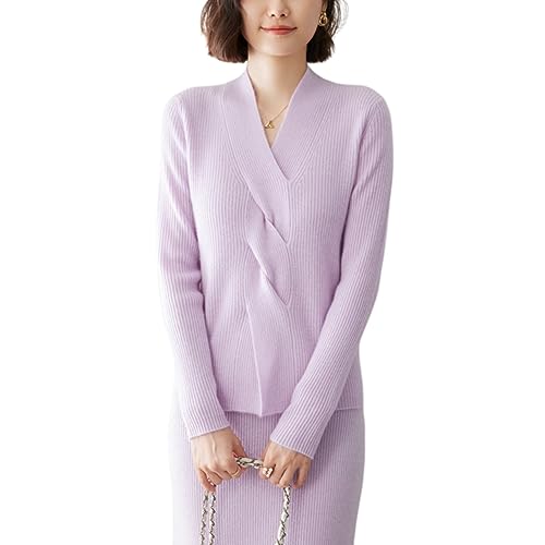 DISSA Damen Kaschmir Pullover Violett V-Ausschnitt Langarm Strickpullover Damen Kaschmir Wolle Gestreifter Schlanker Dünner Pullover,40,YD2353 von DISSA