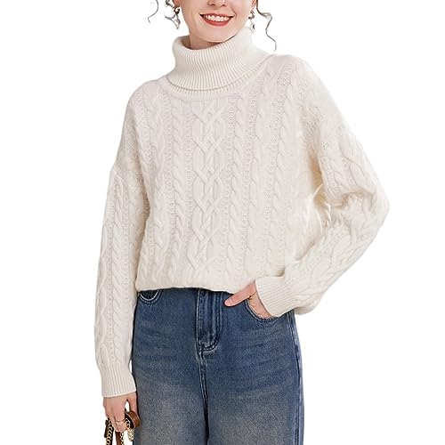 DISSA Damen Kaschmir Pullover Weiß Rollkragen Langarm Strickpullover Damen Kaschmir Wolle Zopfmuster Relaxed Dicker Pullover,Einheitsgröße,YZL2348 von DISSA