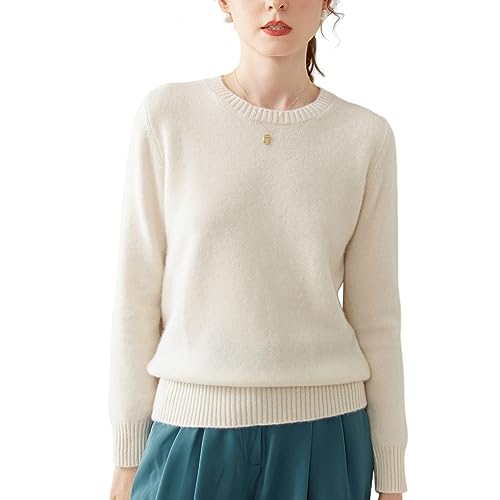 DISSA Damen Kaschmir Pullover Weiß Rundhals Langarm Strickpullover Damen Kaschmir Wolle Einfarbige Relaxed Dicker Pullover,38,SH364 von DISSA