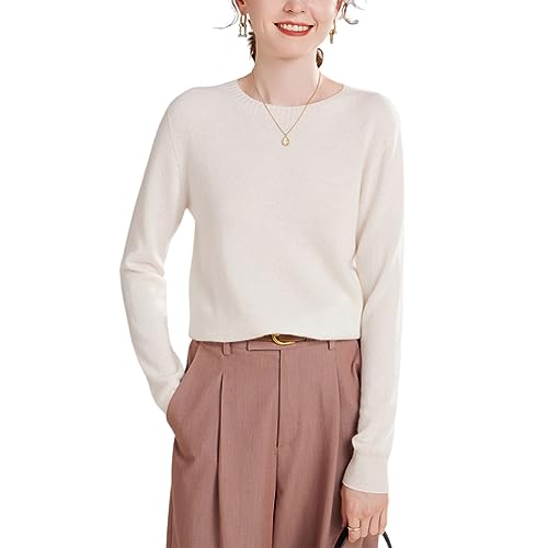 DISSA Damen Kaschmir Pullover Weiß Rundhals Langarm Strickpullover Damen Kaschmir Wolle Einfarbige Relaxed Dünner Pullover,40,YZL2302 von DISSA