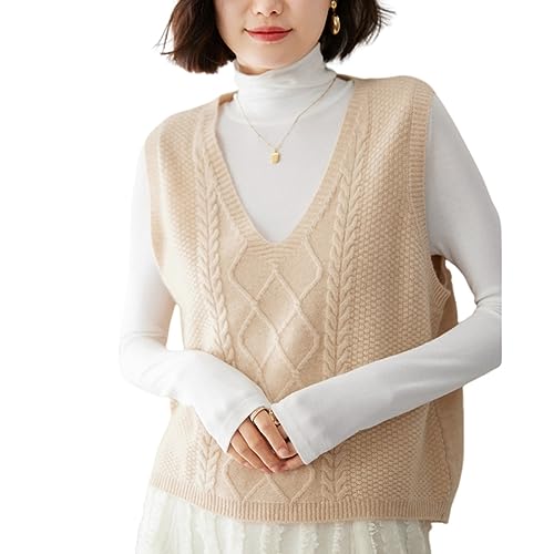 DISSA Damen Kaschmir Pullunder Beige V-Ausschnitt Ohne Arm Pullover Kaschmir Wolle Karierter Relaxed Dünner Pullunder,42,YD2381 von DISSA