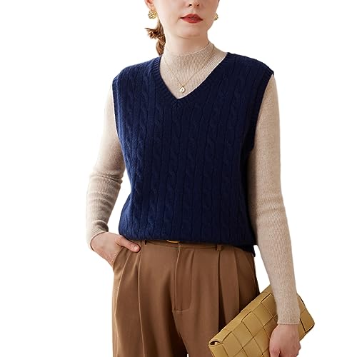 DISSA Damen Kaschmir Pullunder Blau V-Ausschnitt Ohne Arm Pullover Kaschmir Wolle Zopfmuster Relaxed Dicker Pullunder,42,SPR2333 von DISSA