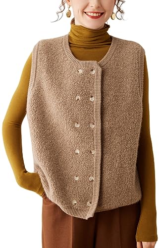 DISSA Damen Kaschmir Pullunder Braun Rundhals Ohne Arm Pullover Kaschmir Wolle Knöpfen Relaxed Dicker Pullunder,Einheitsgröße,DF8009 von DISSA
