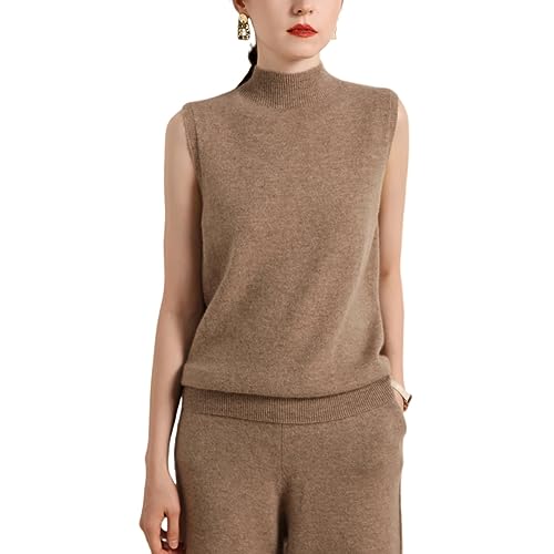 DISSA Damen Kaschmir Pullunder Braun Stehkragen Ohne Arm Pullover Kaschmir Wolle Einfarbige Relaxed Dünner Pullunder,36,MZ2161 von DISSA
