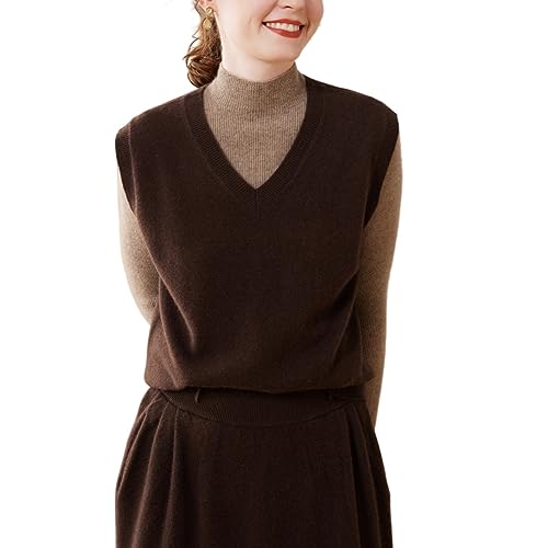 DISSA Damen Kaschmir Pullunder Braun V-Ausschnitt Ohne Arm Pullover Kaschmir Wolle Einfarbige Relaxed Dünner Pullunder,40,SPR2321 von DISSA