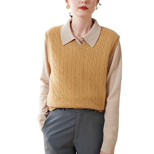 DISSA Damen Kaschmir Pullunder Braun V-Ausschnitt Ohne Arm Pullover Kaschmir Wolle Zopfmuster Relaxed Dicker Pullunder,40,SPR2333 von DISSA