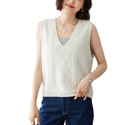 DISSA Damen Kaschmir Pullunder Elfenbein V-Ausschnitt Ohne Arm Pullover Kaschmir Wolle Karierter Relaxed Dünner Pullunder,38,YD2381 von DISSA