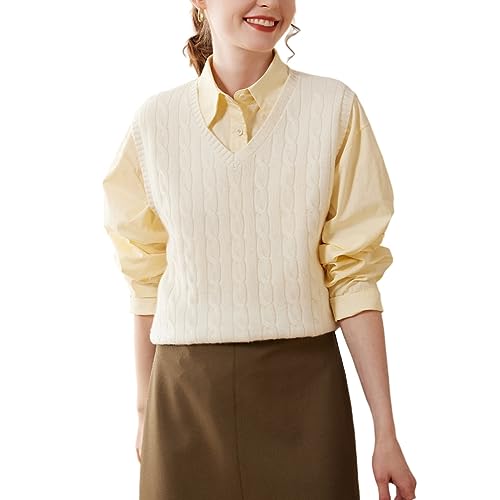DISSA Damen Kaschmir Pullunder Elfenbein V-Ausschnitt Ohne Arm Pullover Kaschmir Wolle Zopfmuster Relaxed Dicker Pullunder,38,SPR2333 von DISSA