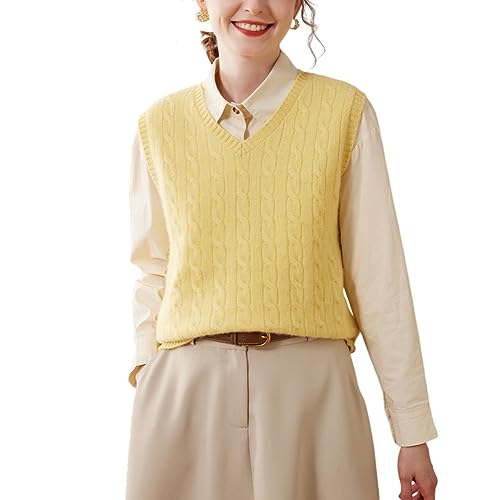 DISSA Damen Kaschmir Pullunder Gelb V-Ausschnitt Ohne Arm Pullover Kaschmir Wolle Zopfmuster Relaxed Dicker Pullunder,40,SPR2333 von DISSA