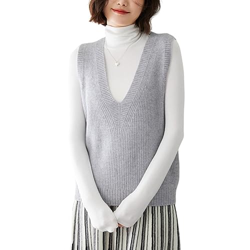 DISSA Damen Kaschmir Pullunder Grau V-Ausschnitt Ohne Arm Pullover Kaschmir Wolle Einfarbige Relaxed Dicker Pullunder,40,YD2346 von DISSA