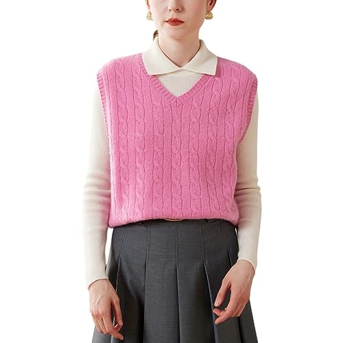 DISSA Damen Kaschmir Pullunder Rosa V-Ausschnitt Ohne Arm Pullover Kaschmir Wolle Zopfmuster Relaxed Dicker Pullunder,40,SPR2333 von DISSA