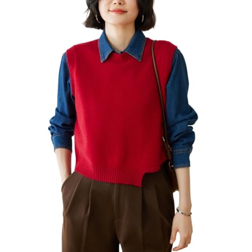 DISSA Damen Kaschmir Pullunder Rot Rundhals Ohne Arm Strickpullover Damen Kaschmir Wolle Asymmetrischer Relaxed Dicker Pullover,EU Einheitsgröße,YD24165 von DISSA