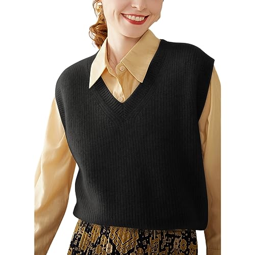 DISSA Damen Kaschmir Pullunder Schwarz V-Ausschnitt Ohne Arm Pullover Kaschmir Wolle Einfarbige Relaxed Dicker Pullunder,40,SH308 von DISSA