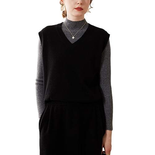 DISSA Damen Kaschmir Pullunder Schwarz V-Ausschnitt Ohne Arm Pullover Kaschmir Wolle Einfarbige Relaxed Dünner Pullunder,44,SPR2321 von DISSA