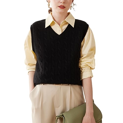 DISSA Damen Kaschmir Pullunder Schwarz V-Ausschnitt Ohne Arm Pullover Kaschmir Wolle Zopfmuster Relaxed Dicker Pullunder,42,SPR2333 von DISSA