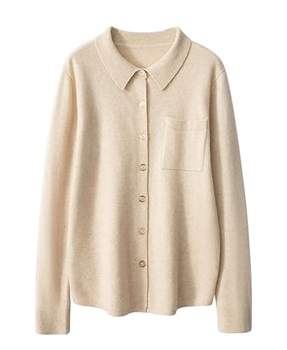 DISSA Damen Kaschmir Strickjacke Beige Revers Langarm Cardigan Kaschmir Wolle Knöpfen Relaxed Dünner Strickjacke,36,ZSBR8310 von DISSA