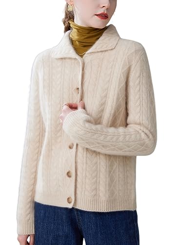 DISSA Damen Kaschmir Strickjacke Beige Revers Langarm Cardigan Kaschmir Wolle Zopfmuster Relaxed Dicker Strickjacke,40,ZSBR8326 von DISSA