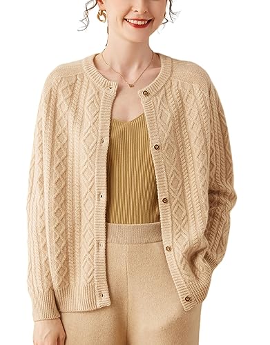 DISSA Damen Kaschmir Strickjacke Beige Rundhals Langarm Cardigan Kaschmir Wolle Karierter Relaxed Dicker Strickjacke,Einheitsgröße,DF8065 von DISSA