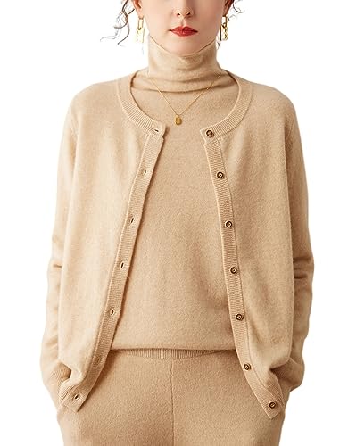 DISSA Damen Kaschmir Strickjacke Beige Rundhals Langarm Cardigan Kaschmir Wolle Knöpfen Schlanker Dünner Strickjacke,40,DF8029 von DISSA