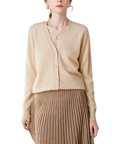 DISSA Damen Kaschmir Strickjacke Beige V-Ausschnitt Langarm Cardigan Kaschmir Wolle Knöpfen Relaxed Dünner Strickjacke,44,ZSBR8308 von DISSA