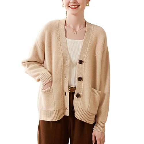 DISSA Damen Kaschmir Strickjacke Beige V-Ausschnitt Langarm Cardigan Kaschmir Wolle Taschen Relaxed Dicker Strickjacke,Einheitsgröße,SPR2344 von DISSA