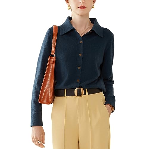 DISSA Damen Kaschmir Strickjacke Blau Revers Langarm Cardigan Kaschmir Wolle Knöpfen Schlanker Dünner Strickjacke,38,SH346 von DISSA