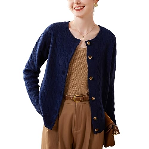 DISSA Damen Kaschmir Strickjacke Blau Rundhals Langarm Cardigan Kaschmir Wolle Zopfmuster Relaxed Dicker Strickjacke,38,SPR2330 von DISSA