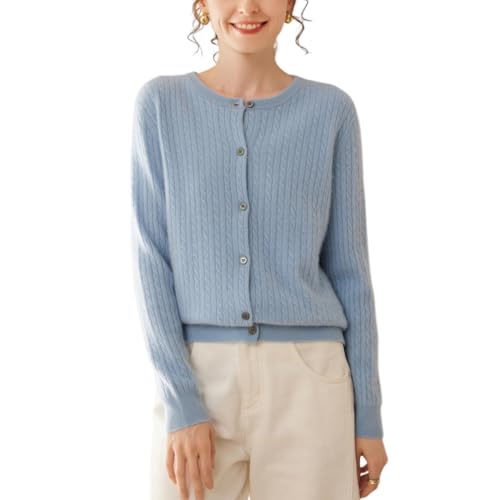 DISSA Damen Kaschmir Strickjacke Blau Rundhals Langarm Strickpullover Damen Kaschmir Wolle Zopfmuster Relaxed Dicker Pullover,EU 38,DF8106 von DISSA