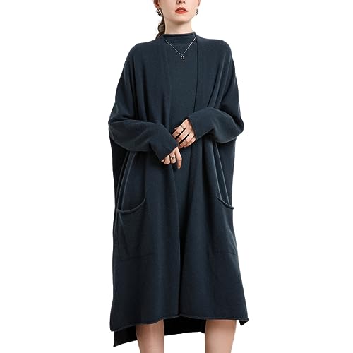 DISSA Damen Kaschmir Strickjacke Blau V-Ausschnitt Langarm Cardigan Kaschmir Wolle Taschen Relaxed Dünner Strickjacke,Einheitsgröße,MZ2226 von DISSA
